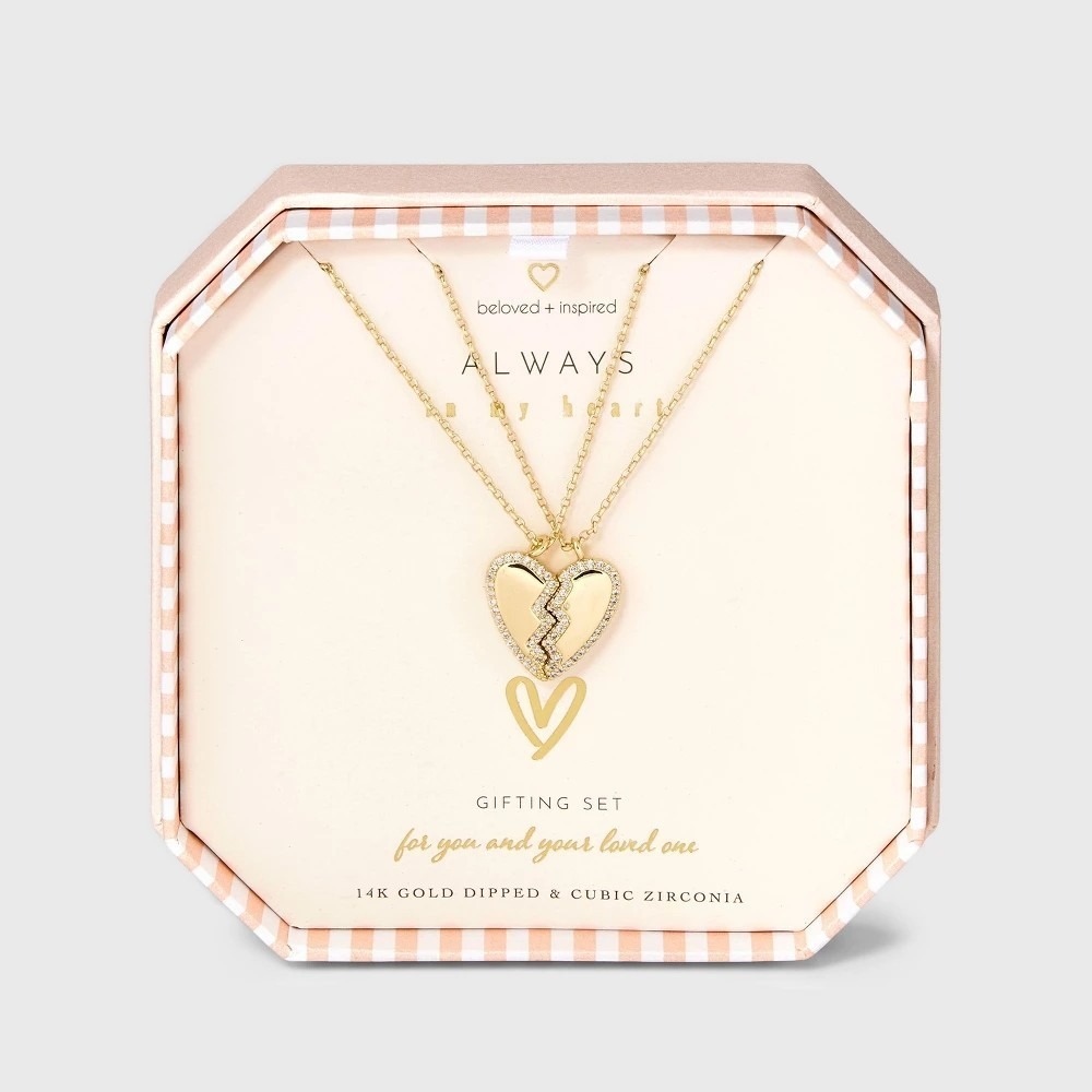 Beloved + Inspired 14K Gold Dipped Broken Heart Magnet Necklace Set 2pc NIB